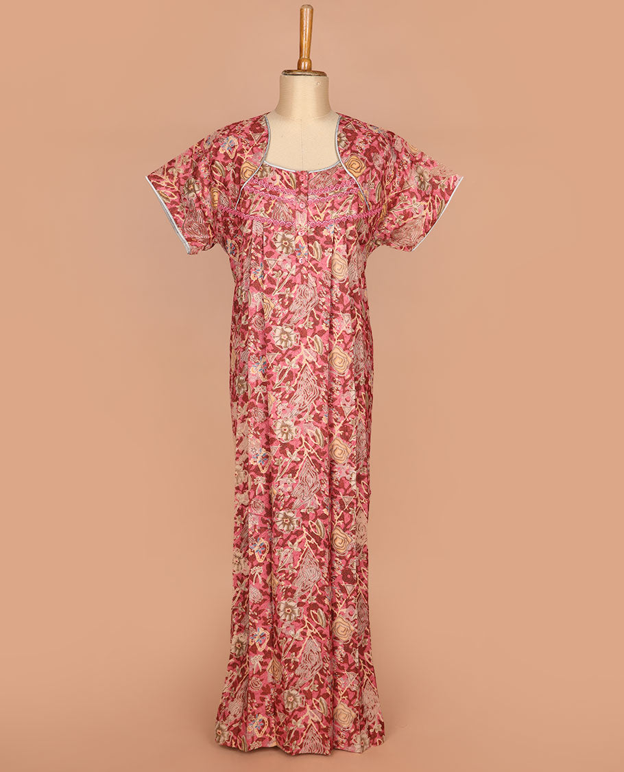 Red and pink abstract printed unique neck style lace work half-sleeve cotton nighty