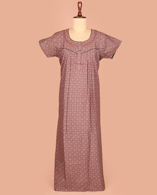 Brown Cotton Nighty Elevated with Diamond Patterns Print, Featuring Lace Work, Round Front Neck, and Half Sleeves
