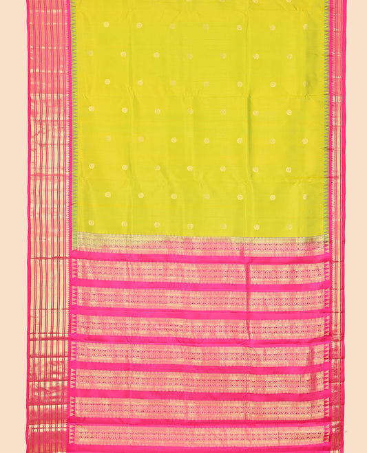 Light green buttas nine yards silk saree with contrast traditional zari design border & intricate zari design pallu