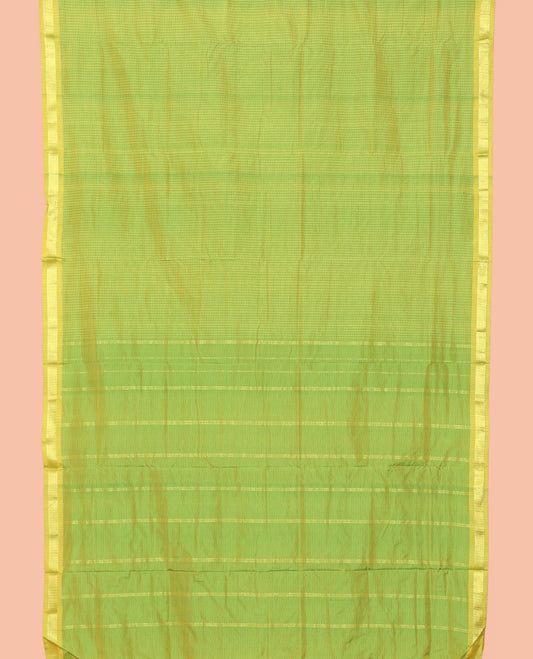 Green Checked Art-Silk Nine Yard Saree, a Traditional Zari Border, a Self-Pallu, and No Blouse