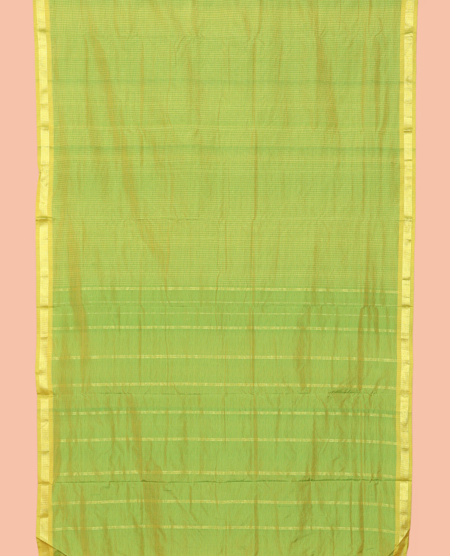 Green Checked Art-Silk Nine Yard Saree, a Traditional Zari Border, a Self-Pallu, and No Blouse