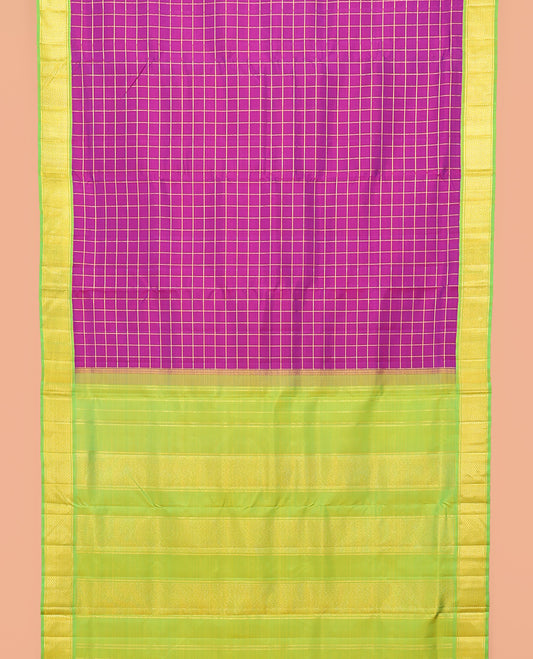 Purple Zari-Checked Nine-Yard Silk Saree, Complemented by a Contrast Korvai Ara Maadam Border, Striped Pallu, and No Blouse