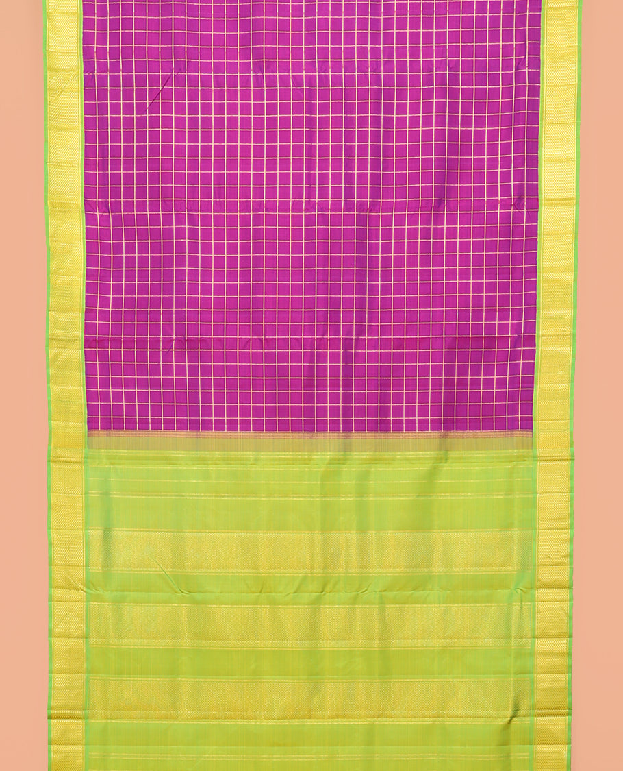 Purple Zari-Checked Nine-Yard Silk Saree, Complemented by a Contrast Korvai Ara Maadam Border, Striped Pallu, and No Blouse