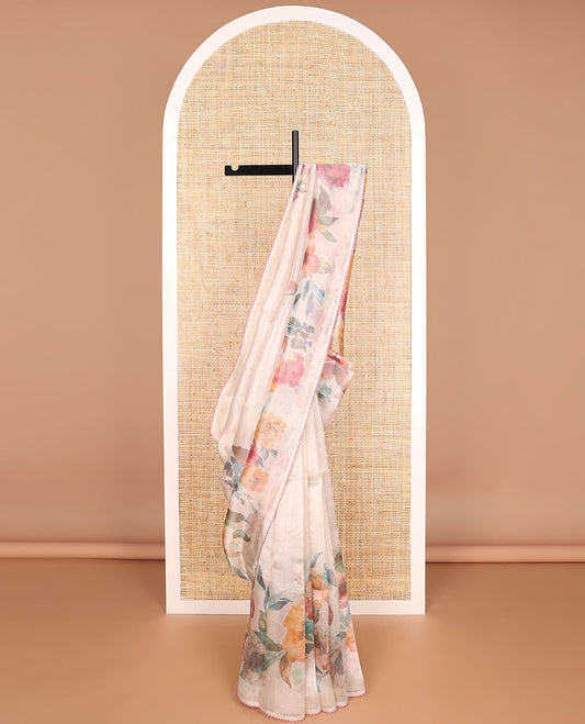 Cream floral printed organza saree with self scallop border