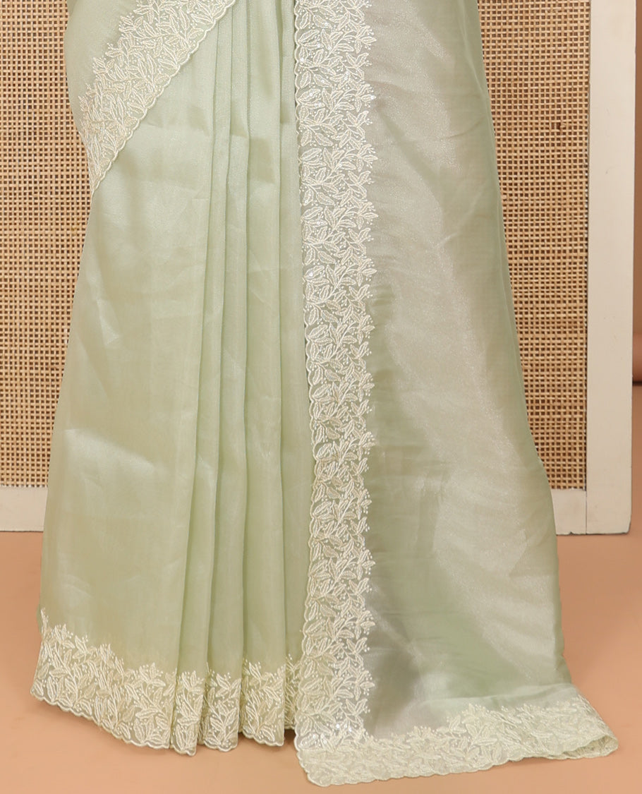 Pale Green Plain Organza Saree, a Subtle Scallop Floral-Embroidered Border, and Matching Blouse