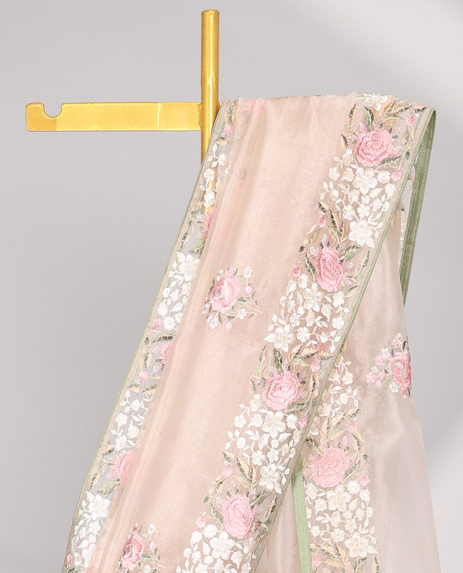Pastel pink floral motifs embroidered semi-banaras organza saree & floral embroidered border