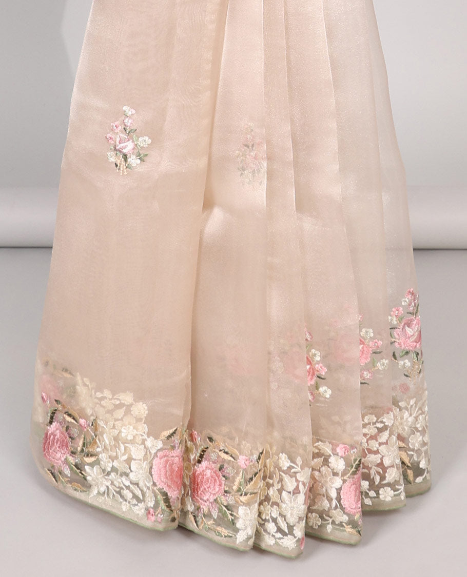 Pastel pink floral motifs embroidered semi-banaras organza saree & floral embroidered border