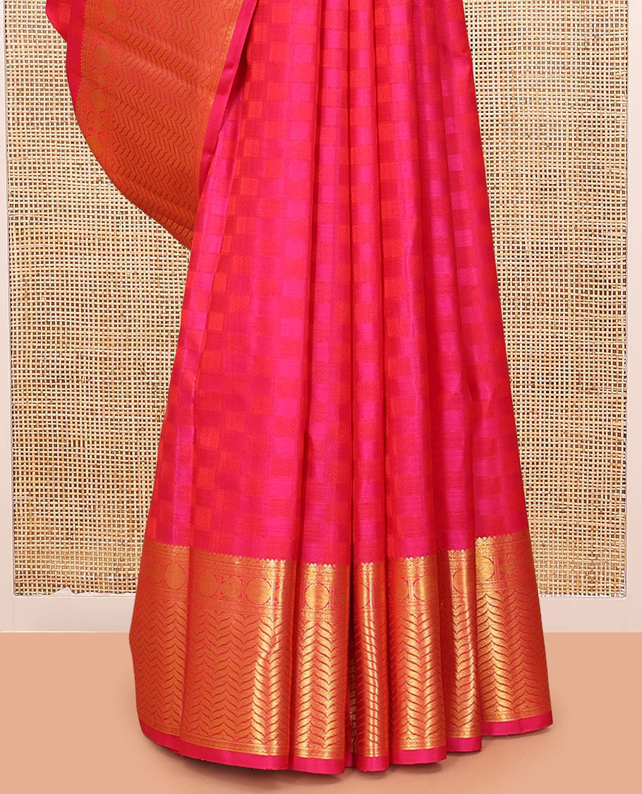 Pink Embossed Parampara Silk Saree, a Zari Border of Mayil, Mayil, and Vanki Designs, Vanki Pallu, and a Matching Blouse