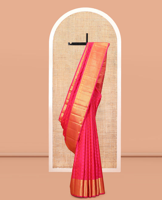 Pink Embossed Parampara Silk Saree, a Zari Border of Mayil, Mayil, and Vanki Designs, Vanki Pallu, and a Matching Blouse