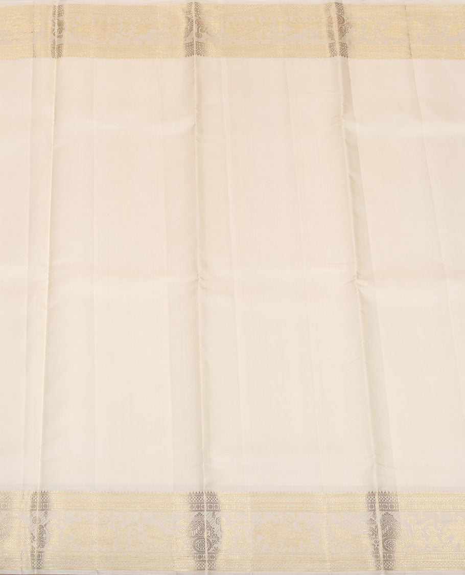 Cream pure silk double-layer dhoti with zari border of rekku, ara maadam, poun and wedding-theme motifs