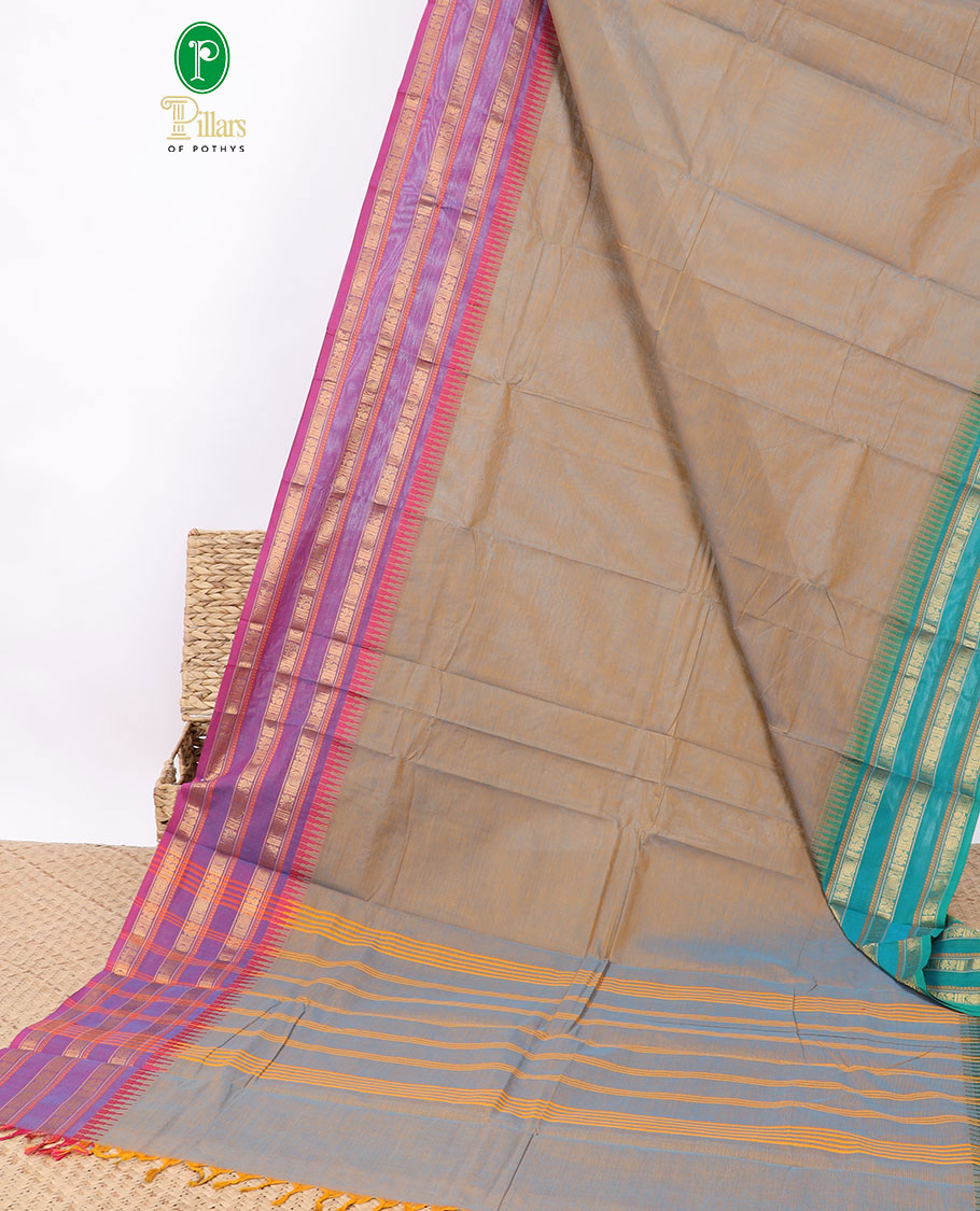 Brown chettinad cotton saree with contrast triple rudraksh, peacock design & ganga jamuna border