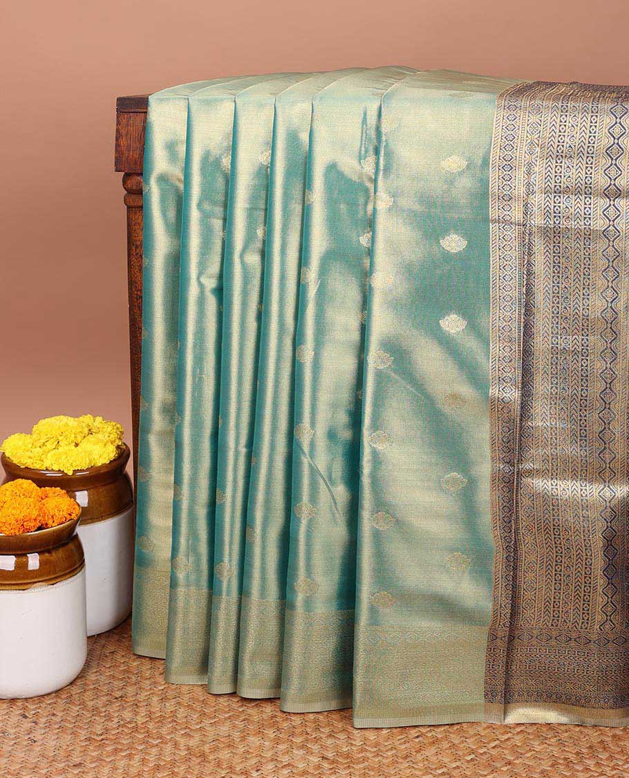 Blue zari butta tissue saree with zari  brocade design of border &  brocadedesign of pallu