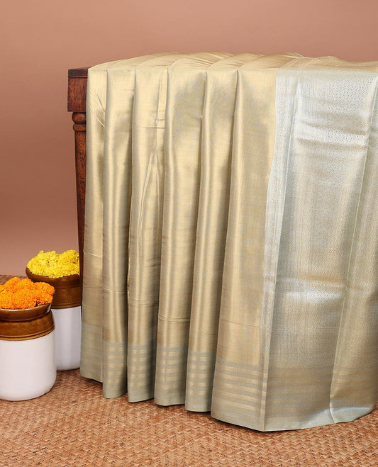 Light brown soft silk saree with contrast striped border & zari design pallu