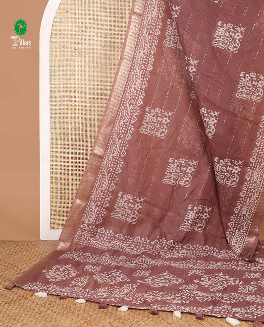 Mauve pathik print, sequins work soft cotton saree with zari border & pathik printed pallu along with pathik printed blouse