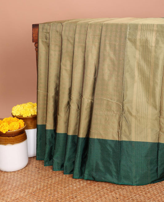 Green allover vari ousi zari checks bhavasha silk saree with velthari design border & self lining, tussels pallu along with contrast plain blouse