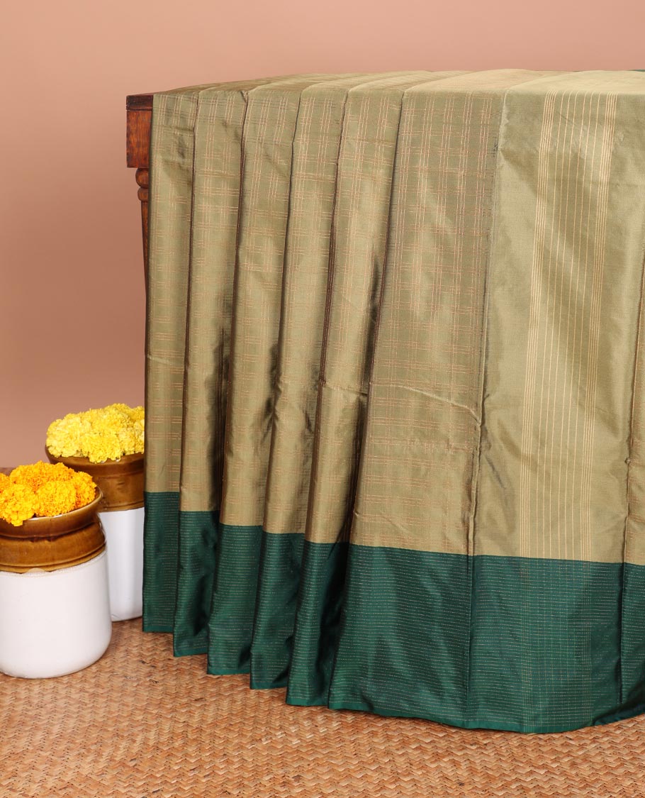Green allover vari ousi zari checks bhavasha silk saree with velthari design border & self lining, tussels pallu along with contrast plain blouse