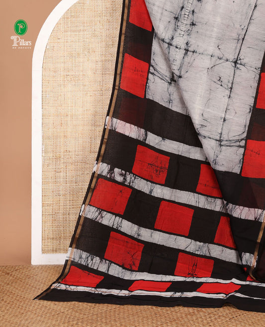 Grey hand block batik printed chanderi cotton saree with black wax, checked border & black wax printed pallu along with plain blouse