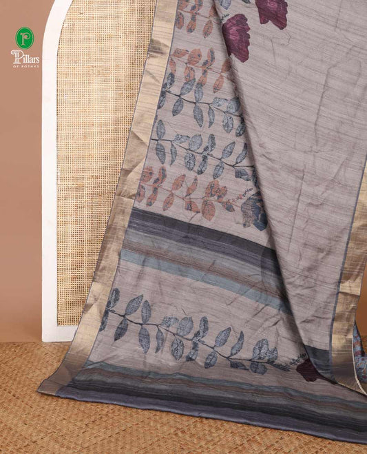 Chikku digital floral printed semi  tussar saree with zari bawanchi border & printed pallu along with printed blouse