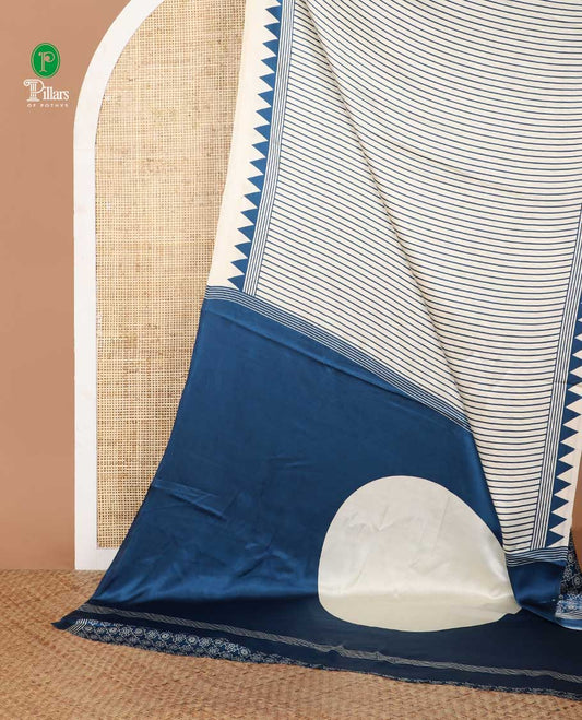 Cream with blue vertical lining design modal satin saree with remple printed border & big circle design pallu along with printed blouse