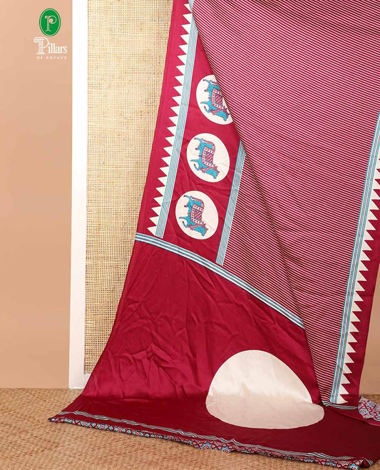 Purple vertical line printed modal silk saree with temple, pichwai bentex border & circle butta design pallu along with ajrak printed blouse