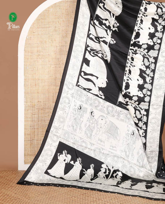 Black elephant, kalamkari printed gajji silk saree with annam printed border & kalamkari printed pallu along with printed blouse