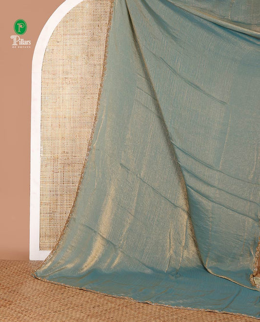 Sea green fendy chiffon saree with hand work border & self pallu along with hand work blouse
