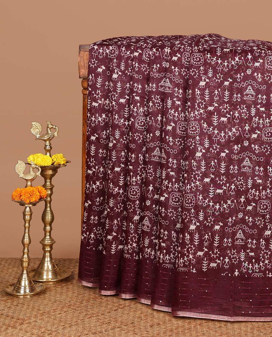Wine color worli printed soft mercerised cotton saree with sequins work border & printed pallu along with butta design blouse