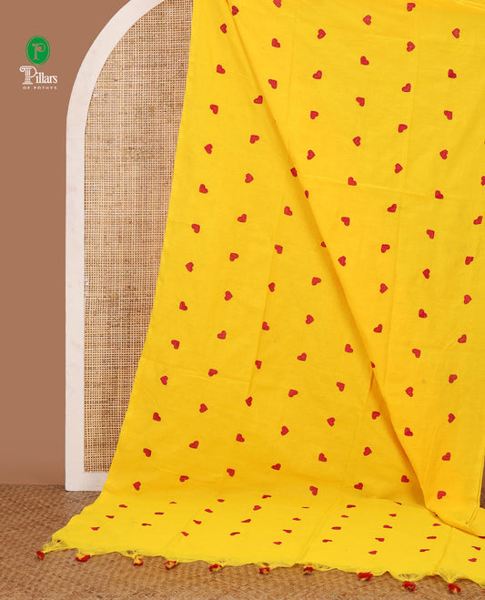 Borderless Yellow heart thread embroidery jute cotton saree with self pallu & plain blouse