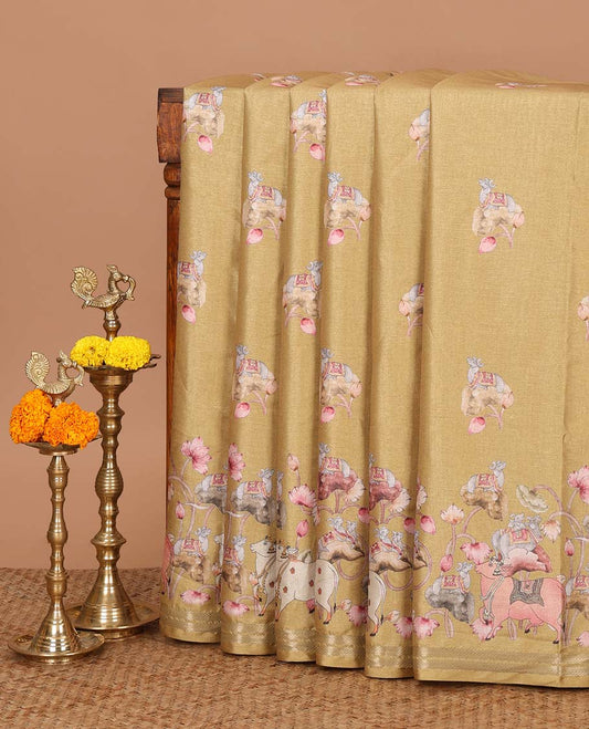 Gold pichwai print muslin cotton saree with zari piping border & pichwai printed pallu along with printed blouse