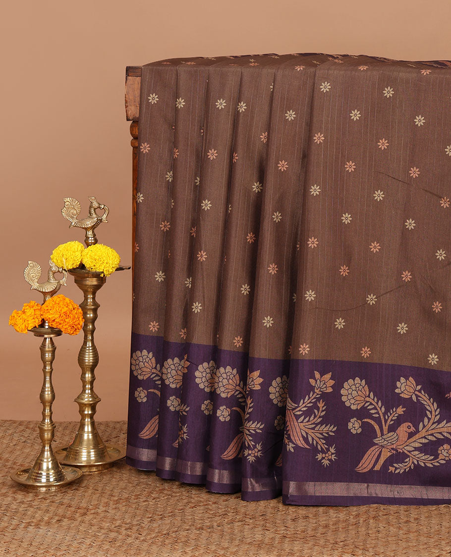 Olive green flower motifs katan silk saree,contrast floral vine & bird printed border & geometric & argyle printed pallu