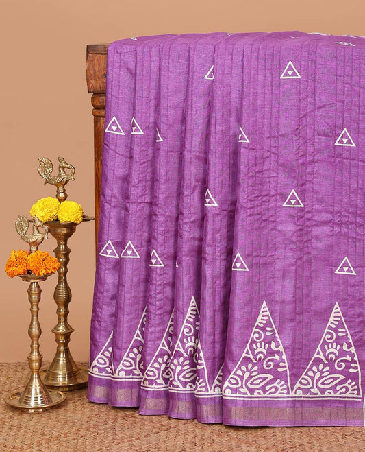 Violet batik-style triangle motifs printed dola silk saree, batik temple motif printed piping zari border & batik geometric printed pallu