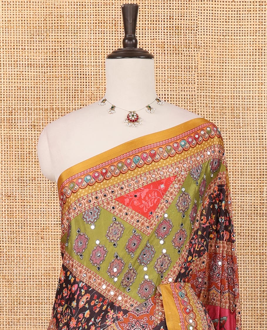 Yellow half-&-half colorful geometric printed & mirror embroidered masakali saree, printed border & pallu, plain blouse