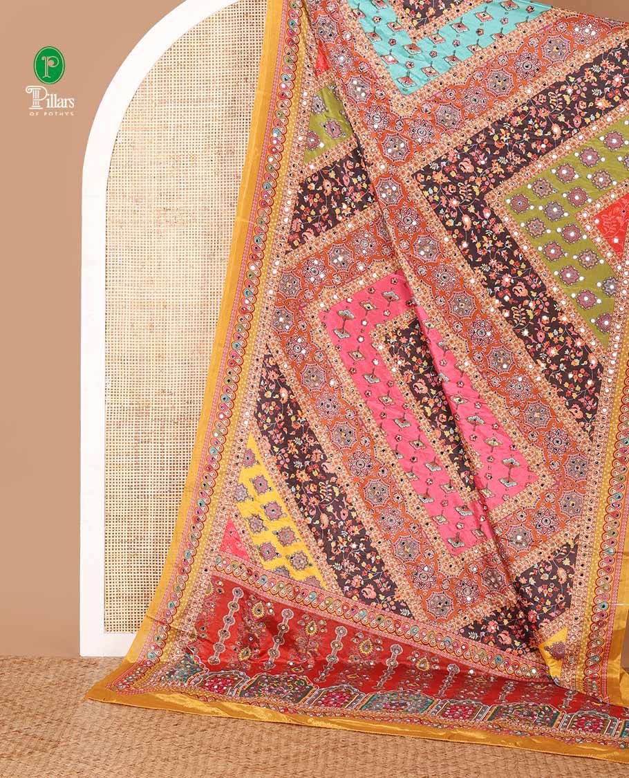 Yellow half-&-half colorful geometric printed & mirror embroidered masakali saree, printed border & pallu, plain blouse