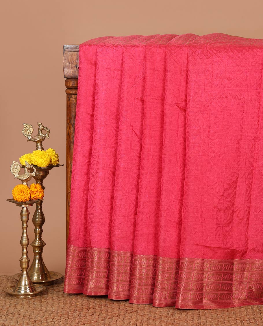 Pink embossed thread weave art tussar saree, copper zari border & pallu of intricate designs
