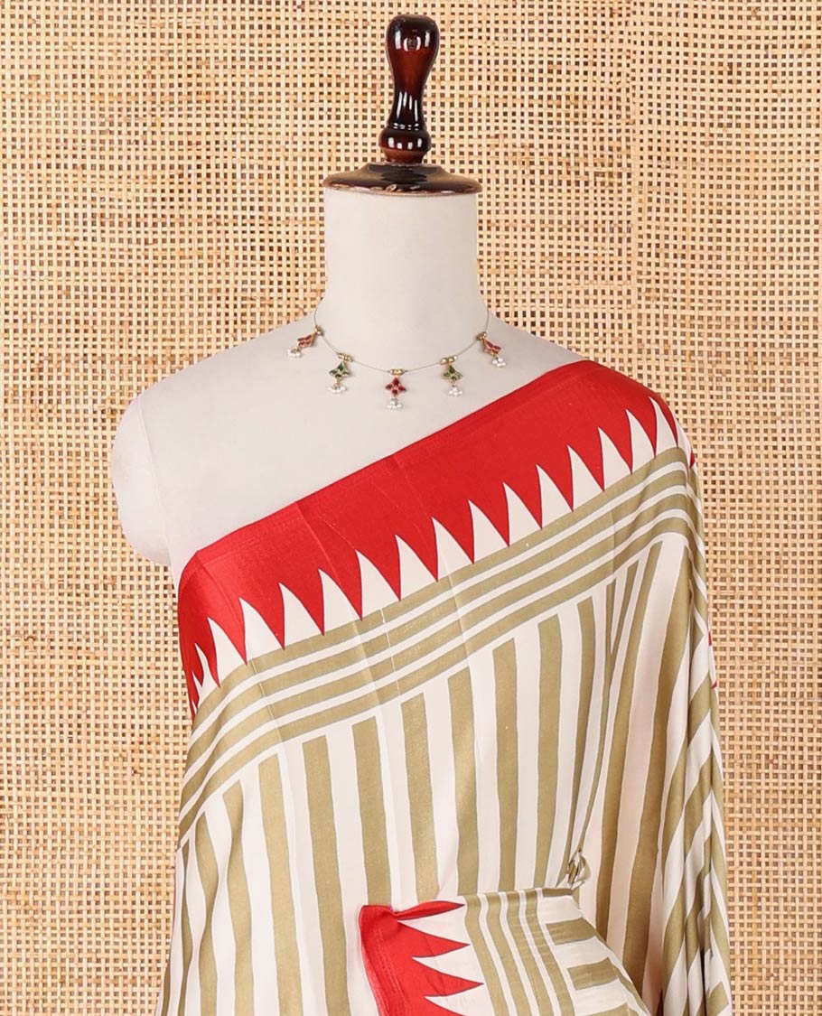 Pista green vertical stripes printed modal silk saree, contrast red temple printed border, ajrakh printed pallu & plain blouse