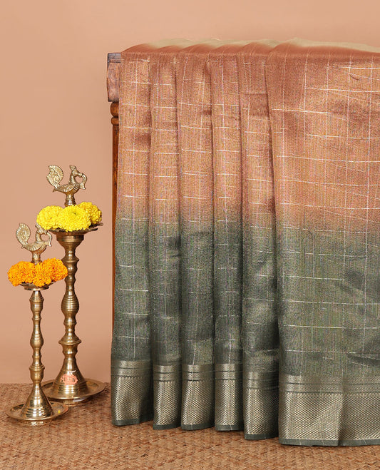 Green ombre zari checked tissue jute saree,traditional border,pallu of Madhubani hand painting-style print & blouse of lotus print