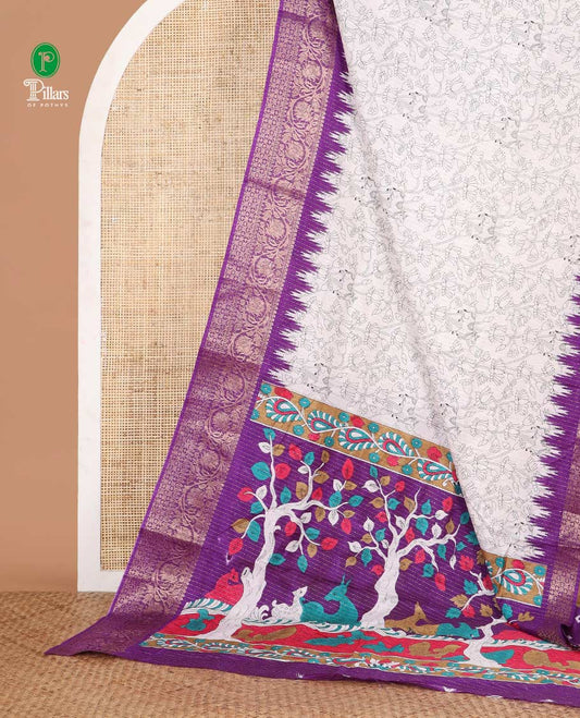 White pichwai cow & lotus printed dola silk saree,contrast purple temple traditional zari border, kalamkari printed pallu & printed blouse