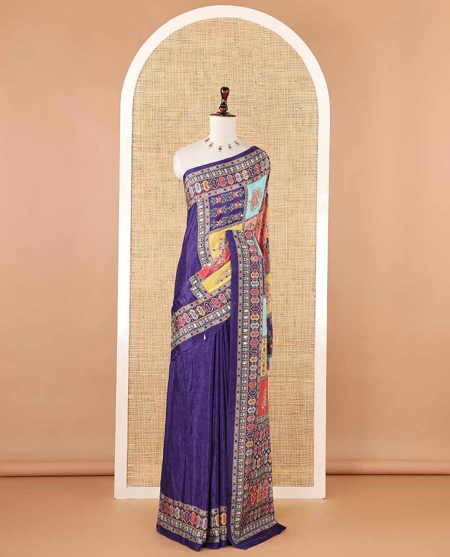 Dark violet half-&-half style geometric print & mirror embroidery masakali saree,self-border & pallu of print & mirror work,plain blouse