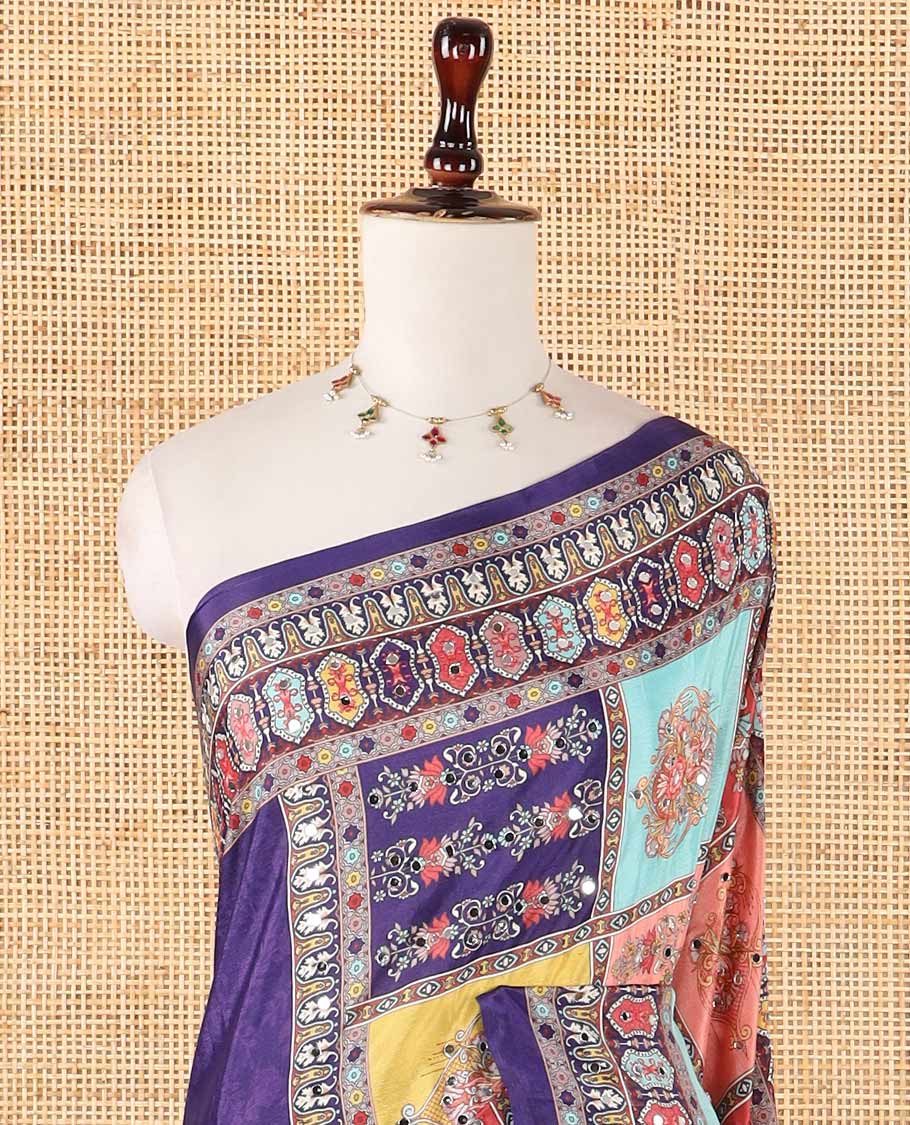 Dark violet half-&-half style geometric print & mirror embroidery masakali saree,self-border & pallu of print & mirror work,plain blouse