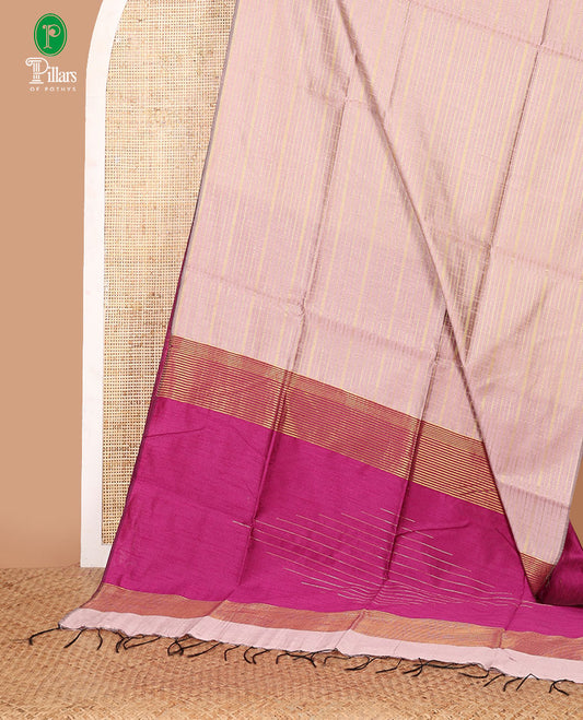 Borderless light onion pink horizontal zari striped semi-raw silk saree, striped pallu & contrast plain blouse
