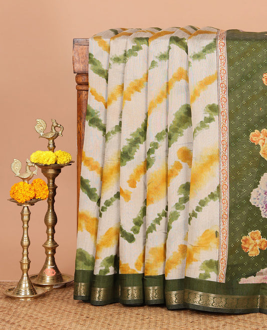 Green zig-zag shibori printed Maheshwari silk saree,contrast peacock zari border, nature-theme scenery print pallu & butta print blouse