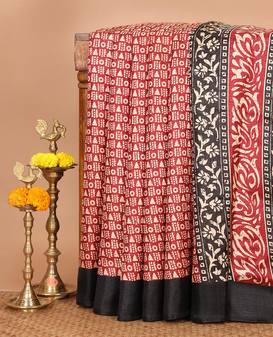 Black batik-style geometric motifs block printed khadi cotton saree,contrast border, batik floral print pallu & plain black blouse