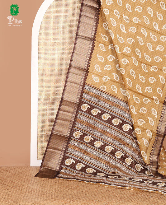 Brown zari striped & batik-paisley dola silk saree,contrast traditional zari border,printed pallu & zari striped & butta print blouse