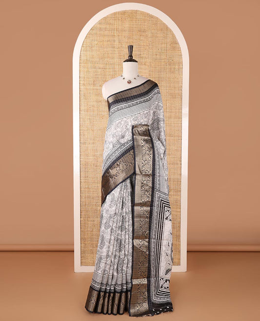 Cream checked & kalamkari-floral & bird dola silk saree, contrast traditional zari black border, kalamkari bird print pallu & printed blouse