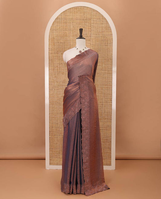 Brown plain fendy-chiffon saree, scallop Swarovski copper stone work border & contrast Swarovski copper stonework blouse