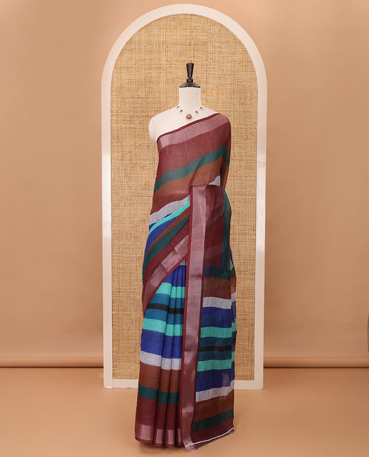 Multi-color striped linen saree, zari border, multi-color striped fancy pallu & colorful chevron striped blouse