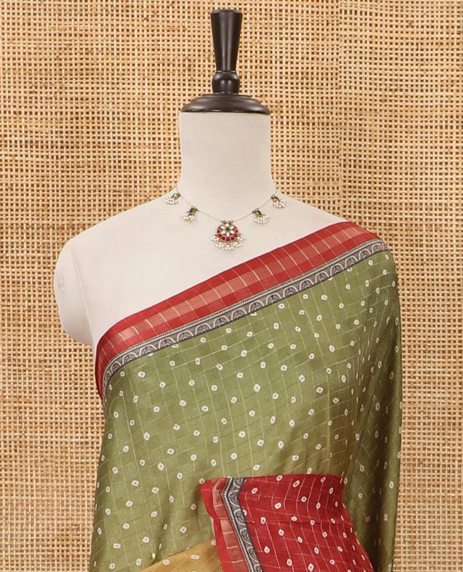 Multi-color ombre-style dyed bandhani dots print checked khadi tussar saree,piping printed border,flora-fauna printed pallu & contrast printed blouse