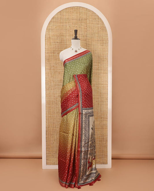 Multi-color ombre-style dyed bandhani dots print checked khadi tussar saree,piping printed border,flora-fauna printed pallu & contrast printed blouse