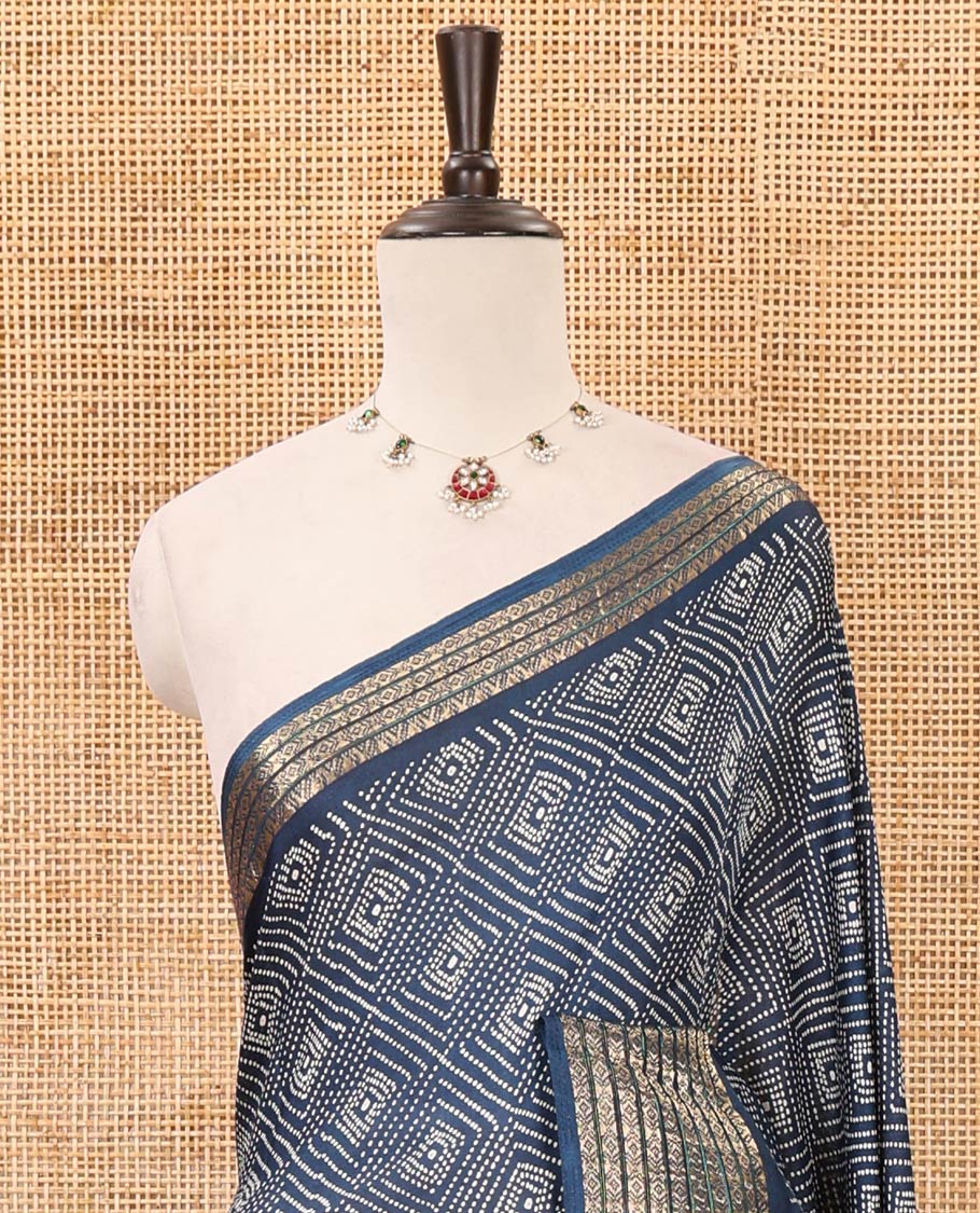 Blue bandhani printed viscose moss chiffon saree, zari design border, floral-geometric printed pallu & diamond motif printed blouse