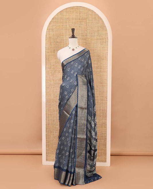 Blue bandhani printed viscose moss chiffon saree, zari design border, floral-geometric printed pallu & diamond motif printed blouse